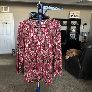 Kasper burgundy Paisley, long sleeve round neck/with cut out top. Size XL-1X